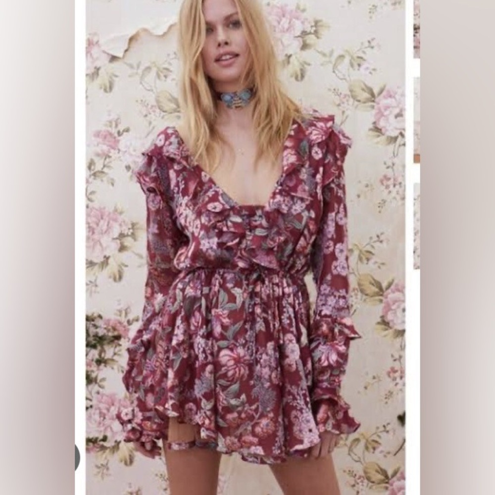 For Love and Lemons Flora Mini Dress Berry Floral Small